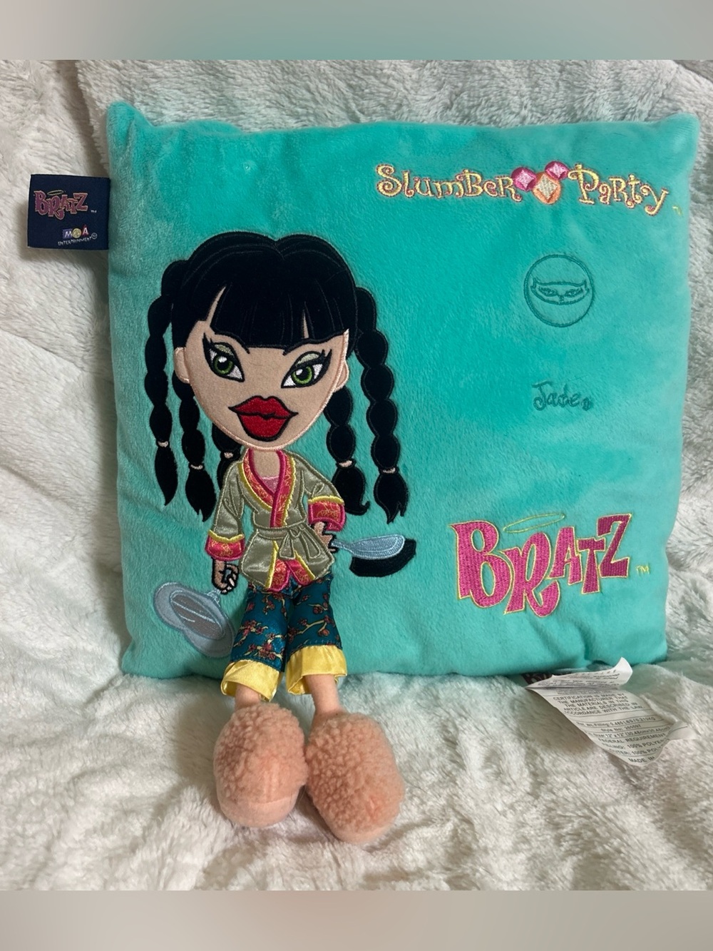 Vtg 2003 BRATZ Slumber Party JADE Plush PILLOW MGA-Aqua Green-w/Tags-12"x12”